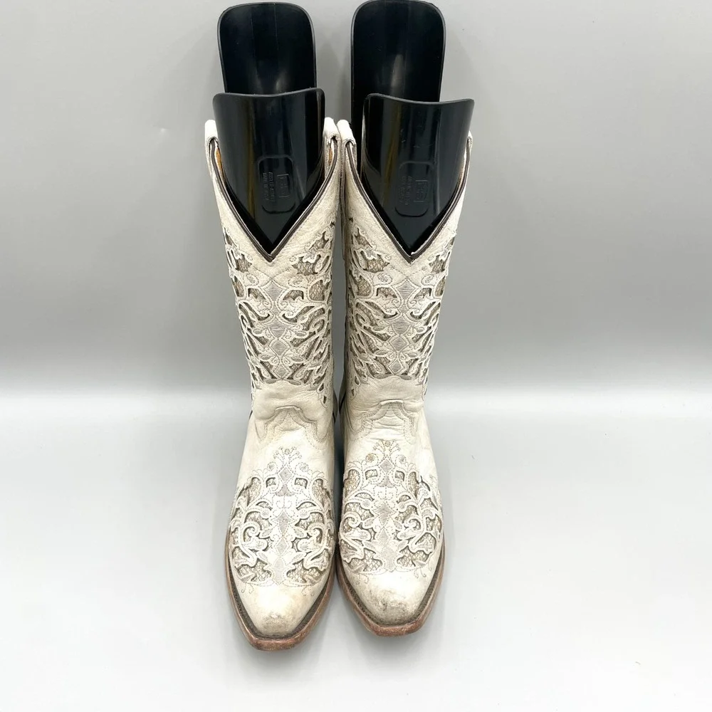 Corral Teens Size 4.5 White Distressed Glitter Inlay Western Boots Cowgirl Boho